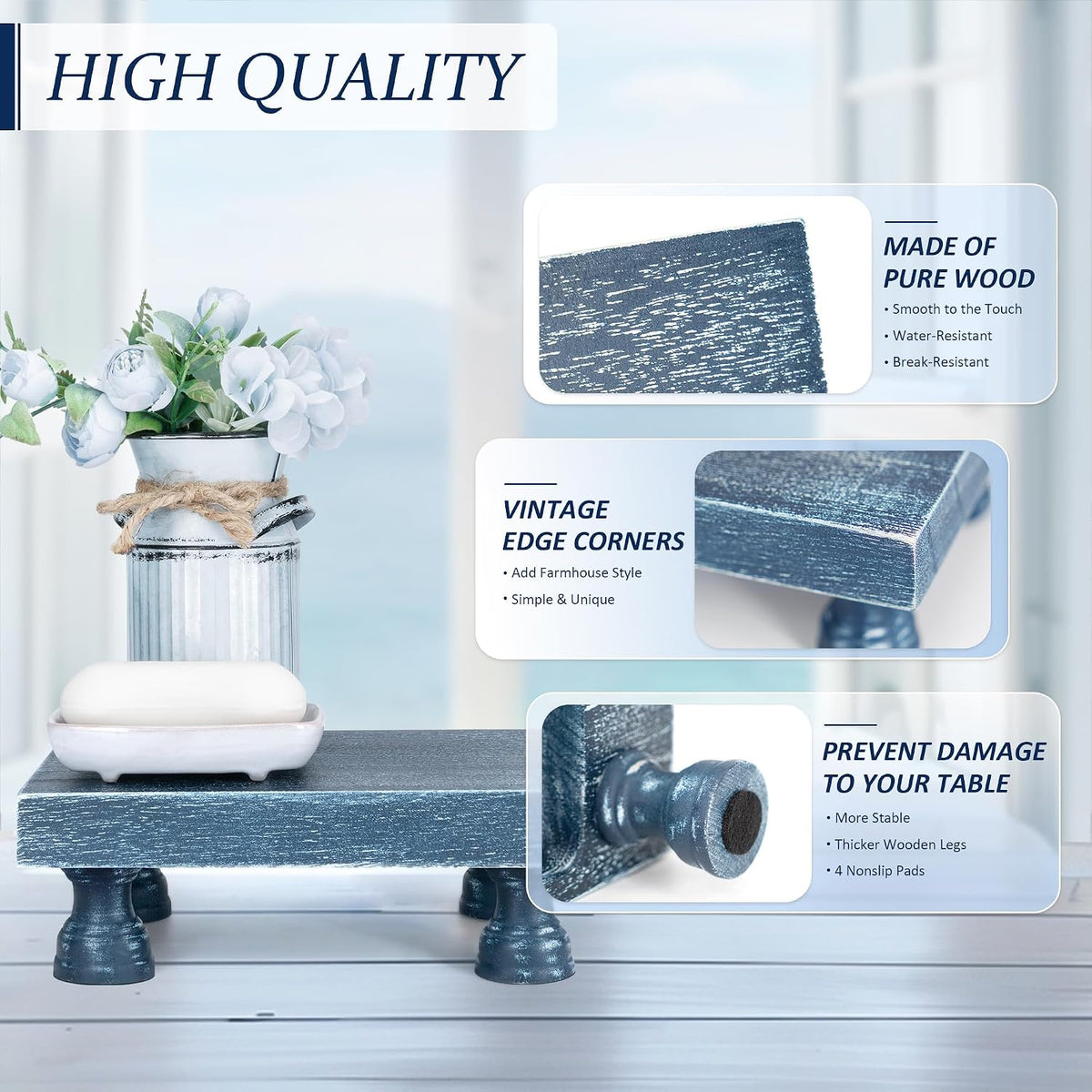 EOSAHR Square Wood Riser Display Stand for Dusty Blue Bathroom Decor, Blue