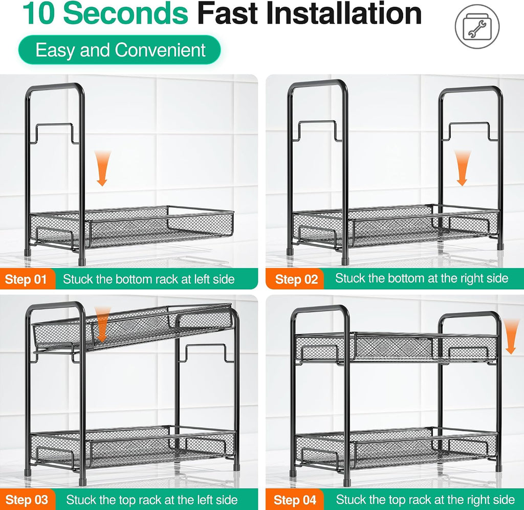 Spice Rack Organizer for Countertop,Xpatee 2-Tier Foldable Metal Rust-Proof Standing Large Seasoning Storage Shelf with Guardrail and Mesh Design for Kitchen Cabinet Bathroom Living Room Pantry, Black