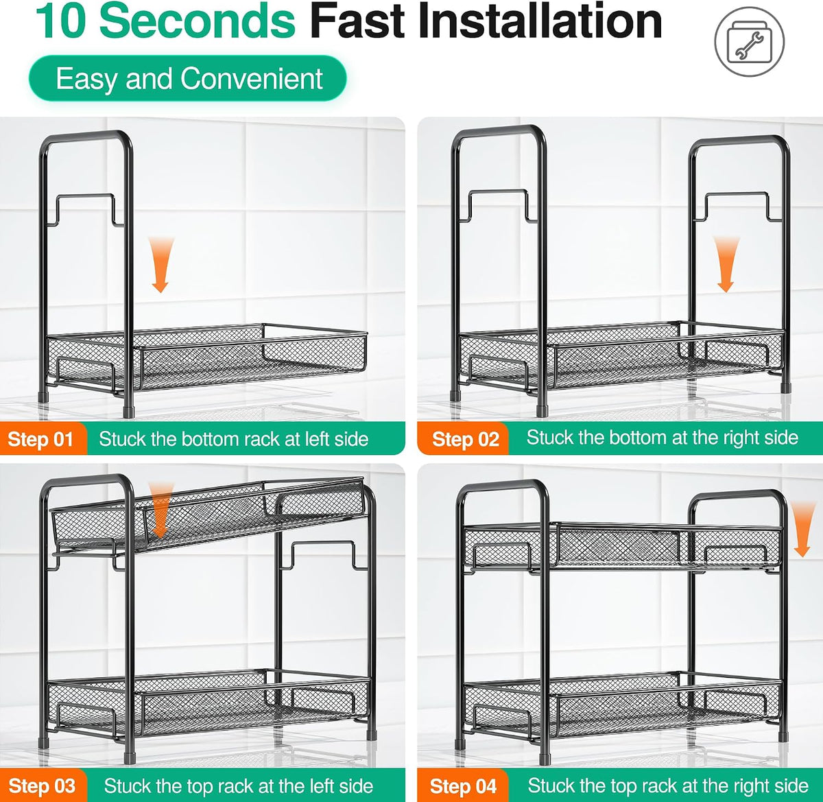 Spice Rack Organizer for Countertop,Xpatee 2-Tier Foldable Metal Rust-Proof Standing Large Seasoning Storage Shelf with Guardrail and Mesh Design for Kitchen Cabinet Bathroom Living Room Pantry, Black