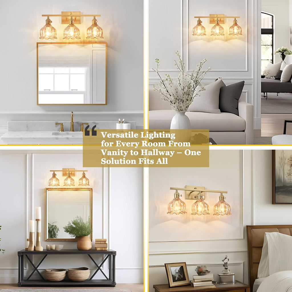 3-Light Vanity Light, Brushed Gold, 19.4", Amber Tulip Glass
