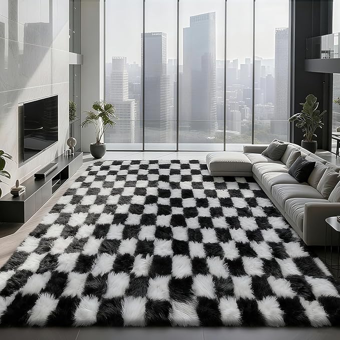 Large Area Rugs for Living Room Bedroom, 9x12 Black and White Fluffy Soft by Boshengya