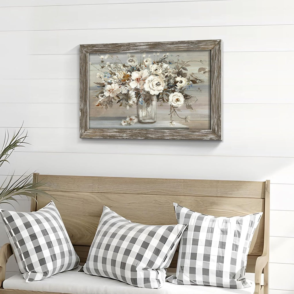 Floral Bouquet Wooden Framed Picture: Vintage Botanical Flowers in Crystal Vase Wall Art Artwork Print Rustic Abstract Nature Plant Painting for Living Room Bedroom Farmhouse