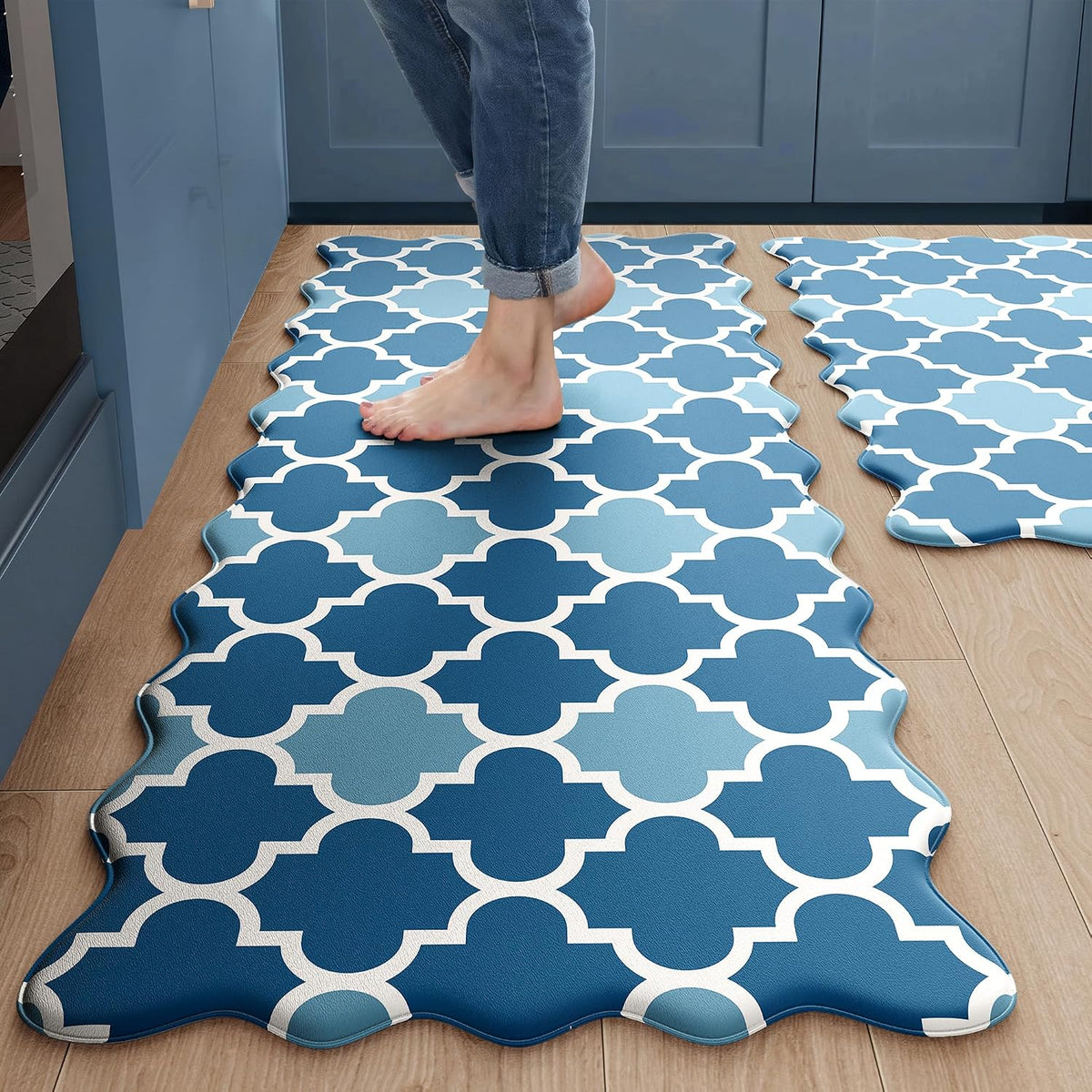Arenarug Scalloped Trellis Kitchen Mats for Floor, Navy Blue Kitchen Rugs