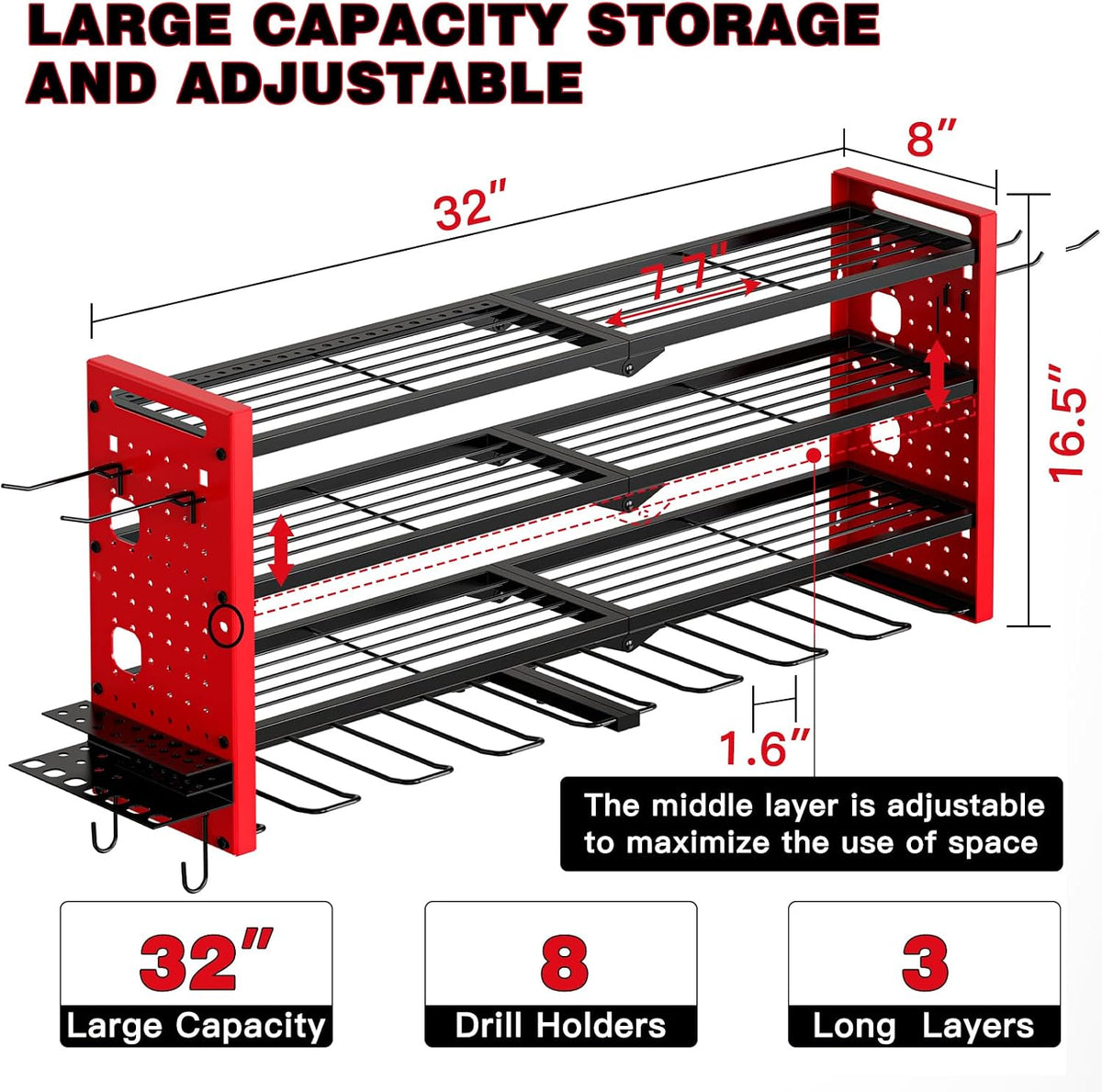 NattyDot Power Tool Drill Holder Wall Mount, 4Tier Garage Organizer, Red
