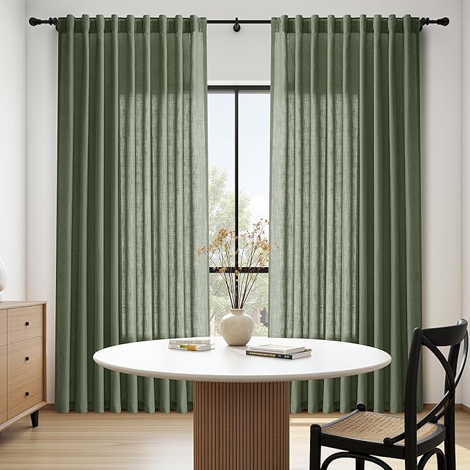 Nanspring Olive Green Linen Blend Semi Sheer Curtains 108 Inches Long by 70 - Image 8