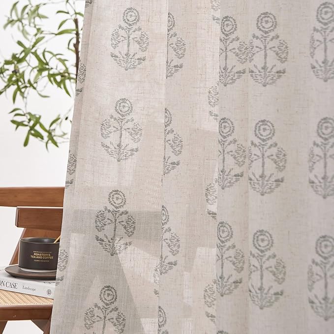 jinchan Linen Floral Curtains for Living Room 84 Inch Length Gray Flower - Image 3