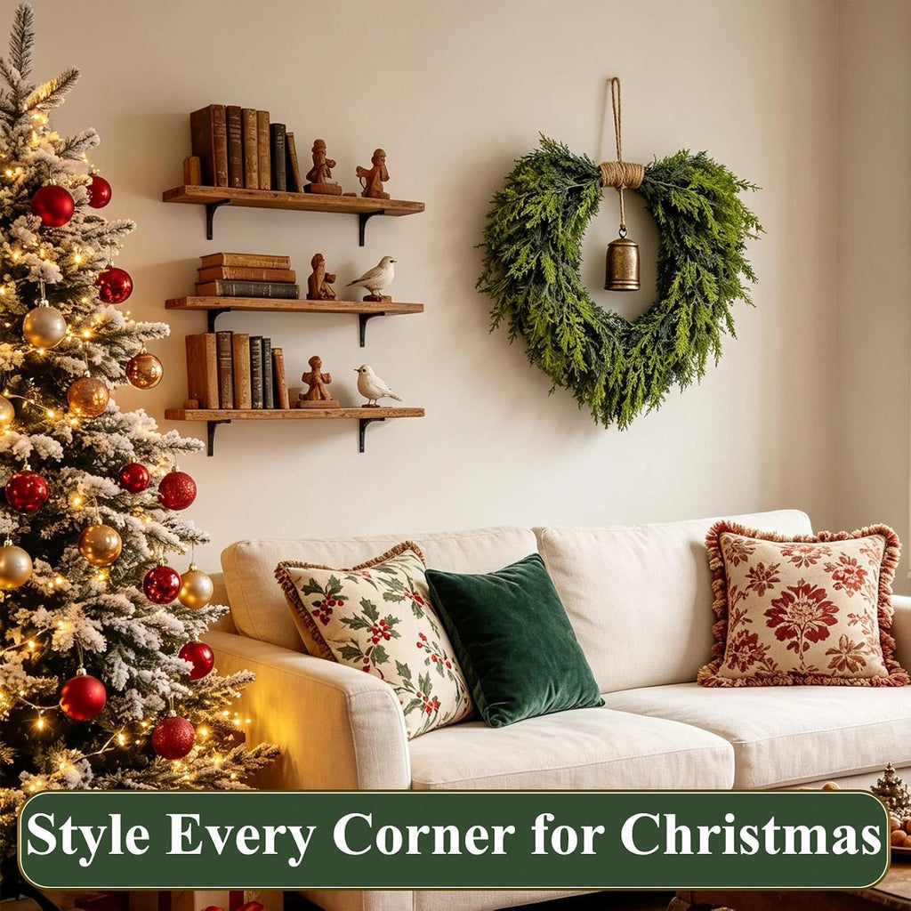 Heart Shaped Christmas Wreath for Front Door, Artificial Norfolk Pine and Cedar Greenery with Rustic Jute Rope and Vintage-Style Bell, Indoor and Outdoor Holiday Decor