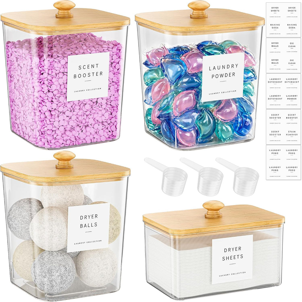 3+1 Pack Bamboo Laundry Pods Container, Clear Laundry Room Organization Containers,Large Laundry Detergent Powder Storage Containers Lids & Labels, Acrylic Laundry Pods Holder for Scent Booster