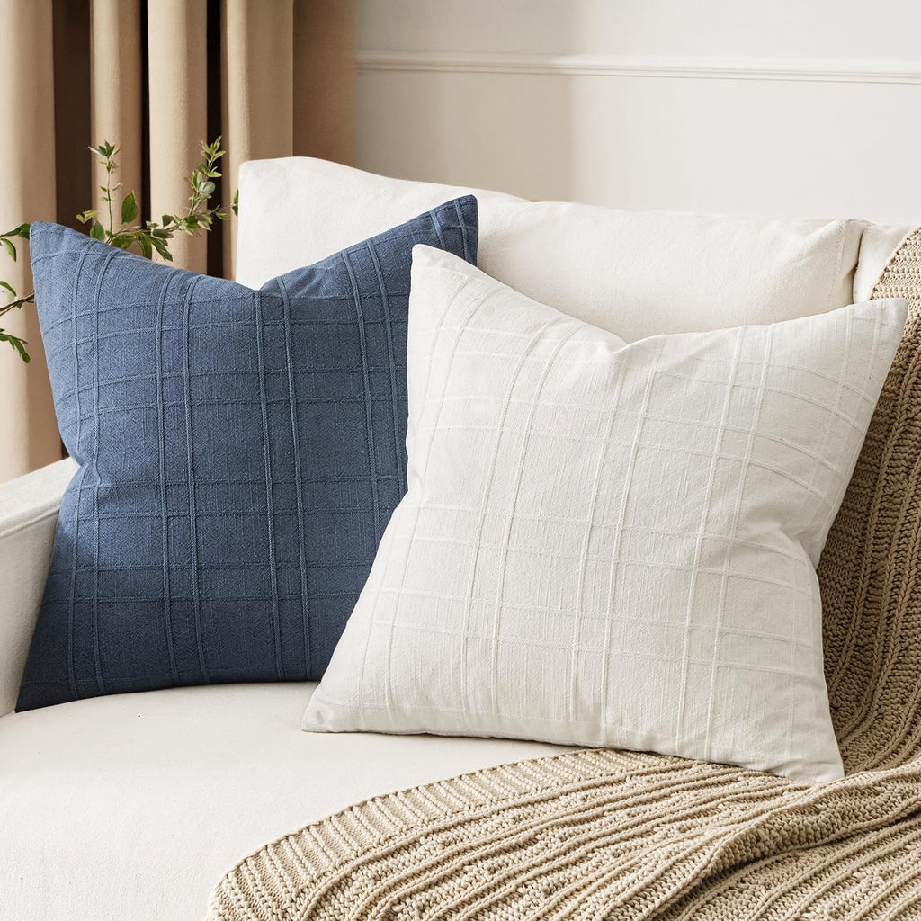 MIULEE Linen Plaid Pillow Covers Decorative Lumbar 12x20 Cream White