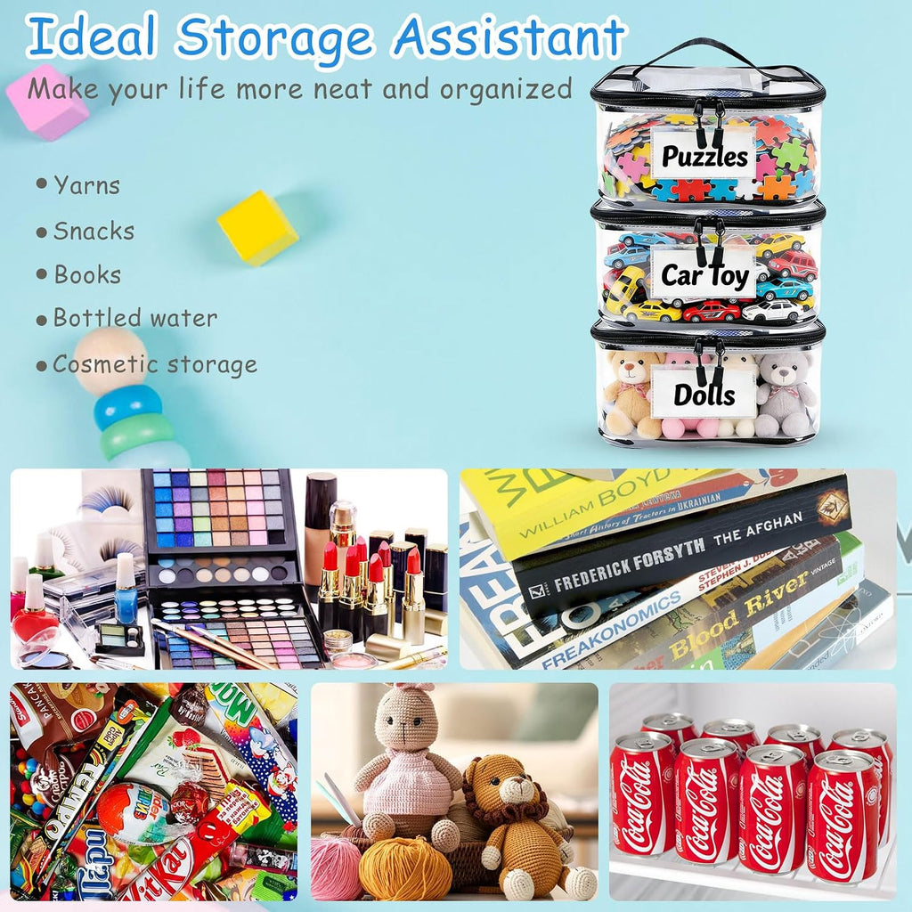 6 Pack Large Clear Toy Storage Bag with Name Tag, Waterproof PVC Toy Organizer Bags with Zipper & Manual Pocket, Toy Storage Organizer for Lego Bricks, Building Blocks, Board Games, Puzzles, Kid Books