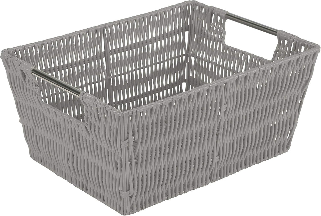 Simplify 3 Piece Set Woven Rattan Tote Baskets | Multi-Size | Handles | Storage & Organization | Toys | Bathroom Accessories | Home | Office | Dorm | Playroom | Closet | Grey