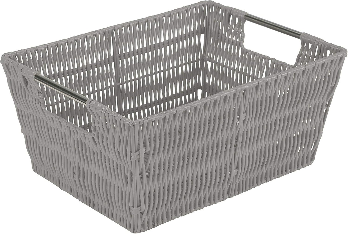 Simplify 3 Piece Set Woven Rattan Tote Baskets | Multi-Size | Handles | Storage & Organization | Toys | Bathroom Accessories | Home | Office | Dorm | Playroom | Closet | Grey