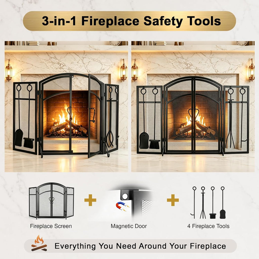 3 Panel Fireplace Screen with Doors & 4-Pcs Fireplace Tools Set