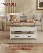 VASAGLE Lift Top Coffee Table, 3 in 1 Center Table with Storage, 2 Drawers
