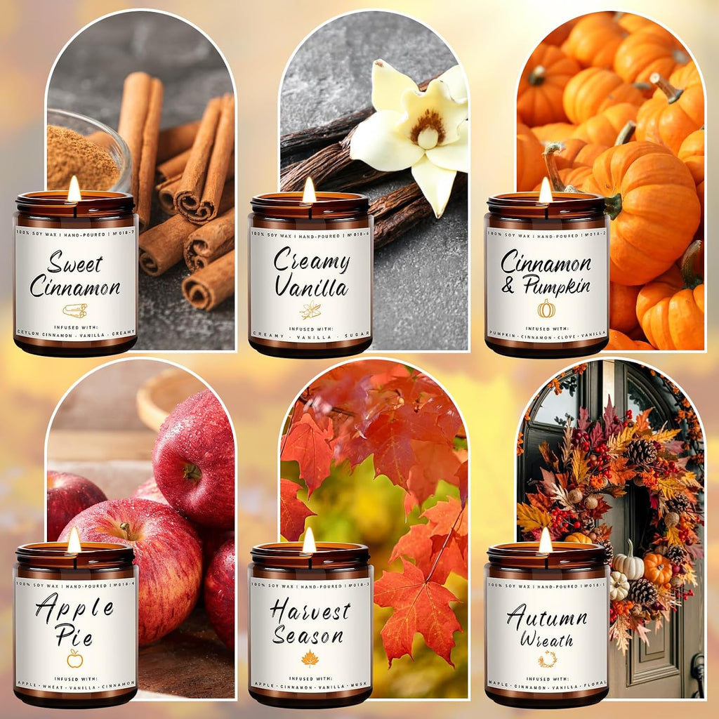 Auelife Fall Candles, 6 Pack Scented Candle Set, 42 oz Holiday Soy Candles, Candle Gifts Set for Men and Women, Home Decor of Wreath/Apple/Latte/Harvest/Vanilla/Cinnamon