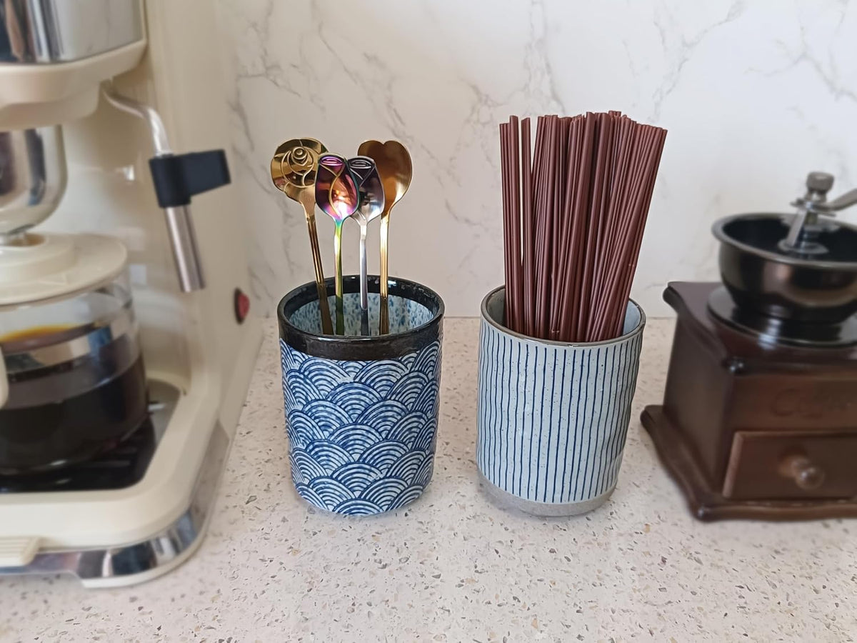 Stoneware Coffee Bar Utensil Holder Tea & Coffee Spoon & Stirrer Holder for Stir Stick Straw Teaspoon Holder Espresso Spoon Cup Small Utensil Jar (Blue Wave)