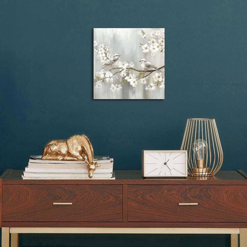 TAR TAR STUDIO White Flowers & Birds Canvas Wall Art - Unframed Nature Decor for Bedroom, Living Room, Office - 12"x12"