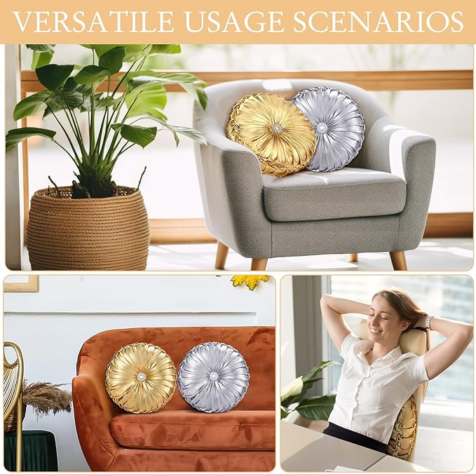 Kathfly Set of 4 Decorative Round Pleated Throw Pillows, Classy Velvet Pumpkin - Image 6