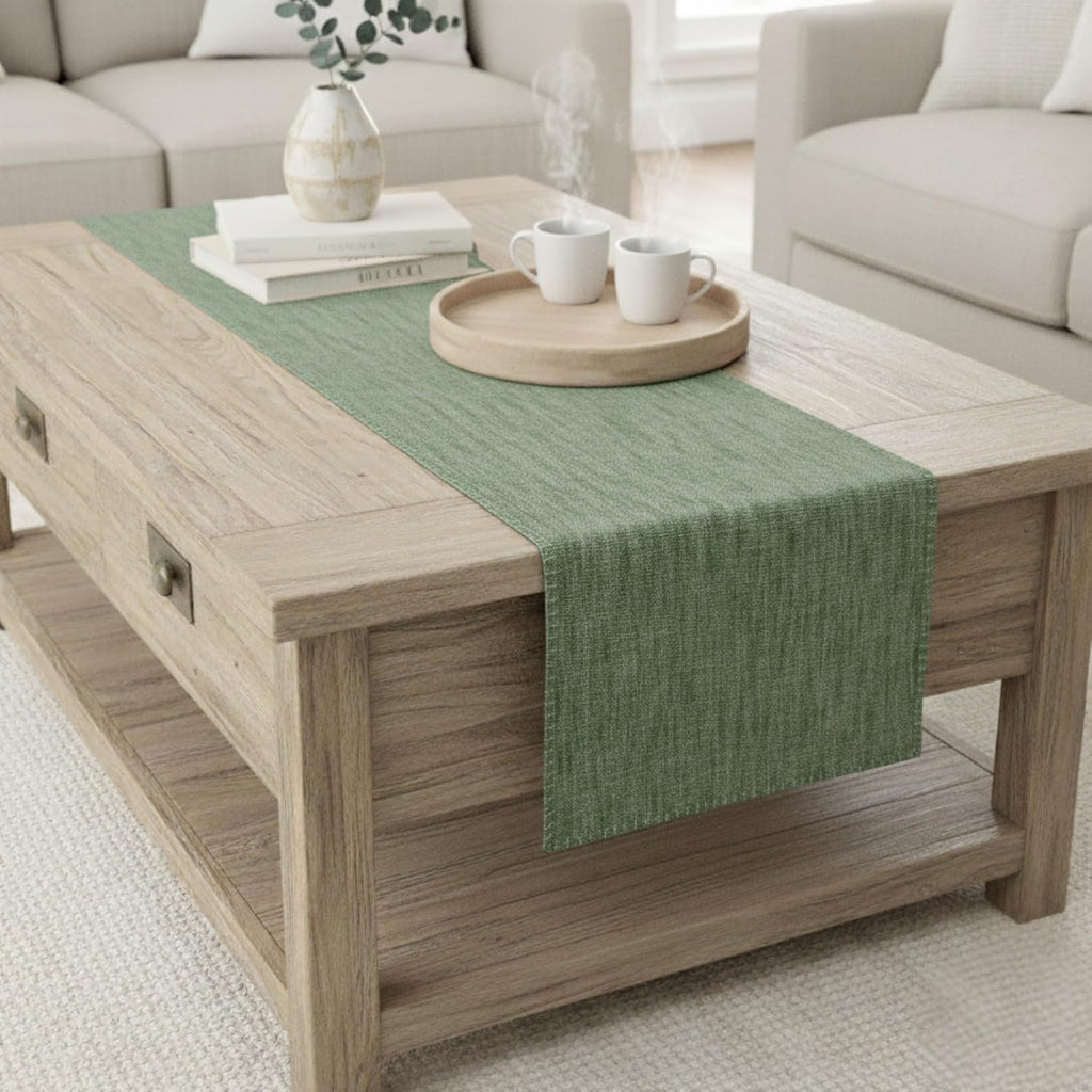 Short Coffee Table Runner Cotton Modern Kitchen Table Runner with Decorative Stitch at Edge Dresser Scarf Dining Table Washable Cloth Small Furniture Top Cover 14"x48" Green