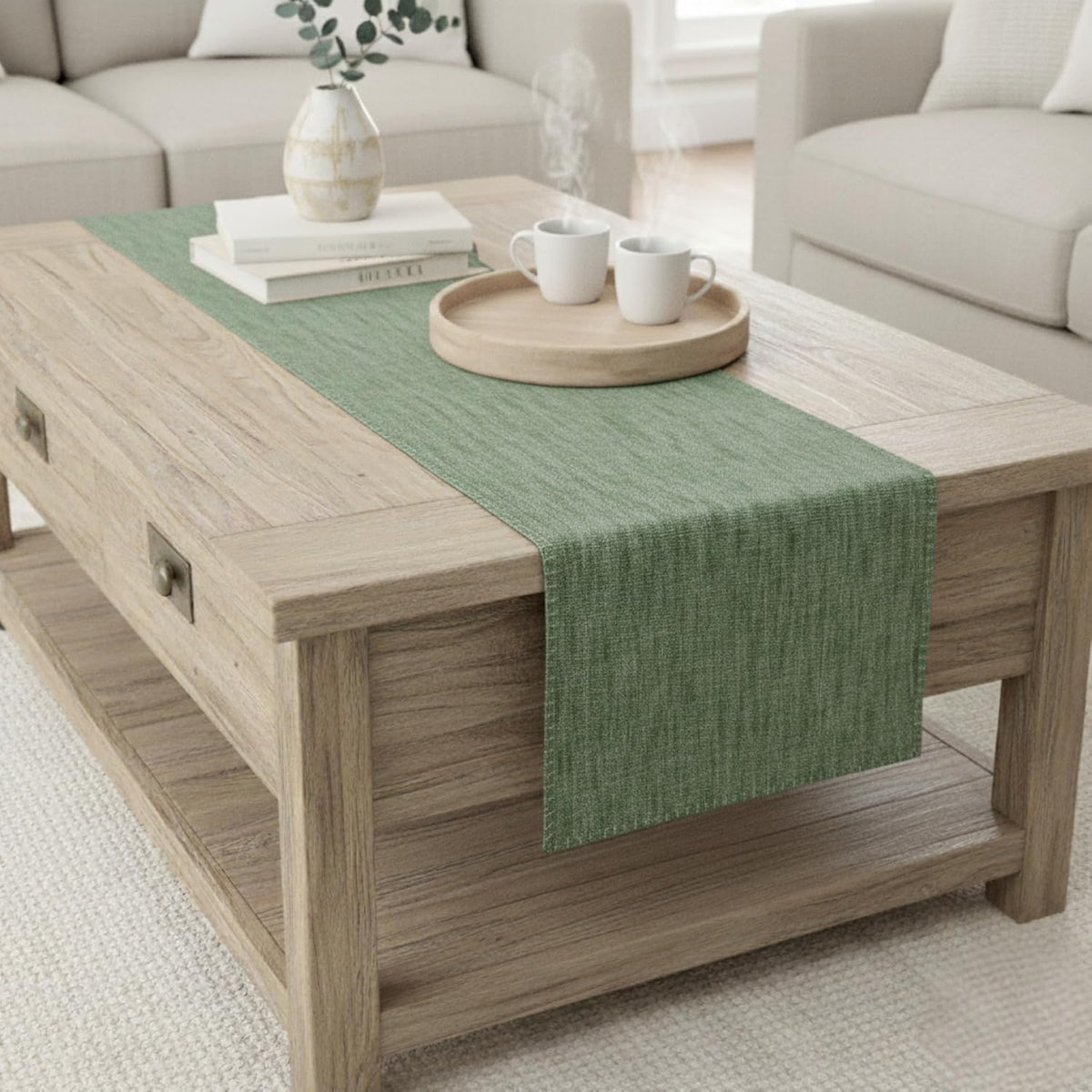 Short Coffee Table Runner Cotton Modern Kitchen Table Runner with Decorative Stitch at Edge Dresser Scarf Dining Table Washable Cloth Small Furniture Top Cover 14"x48" Green