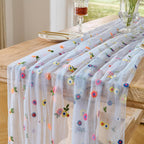 BINBE 6pcs Daisy Spring Table Runner Embroidery Gauze 10FT Florals Seasonal Tulle Holiday Birthday Kitchen Dining Table Decor for Home Party Blue