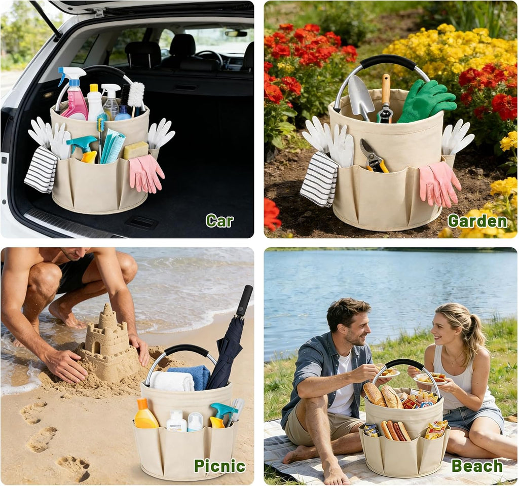 17L Foldable Cleaning Caddy with Handle，Cleaning Products Organiser (Beige)