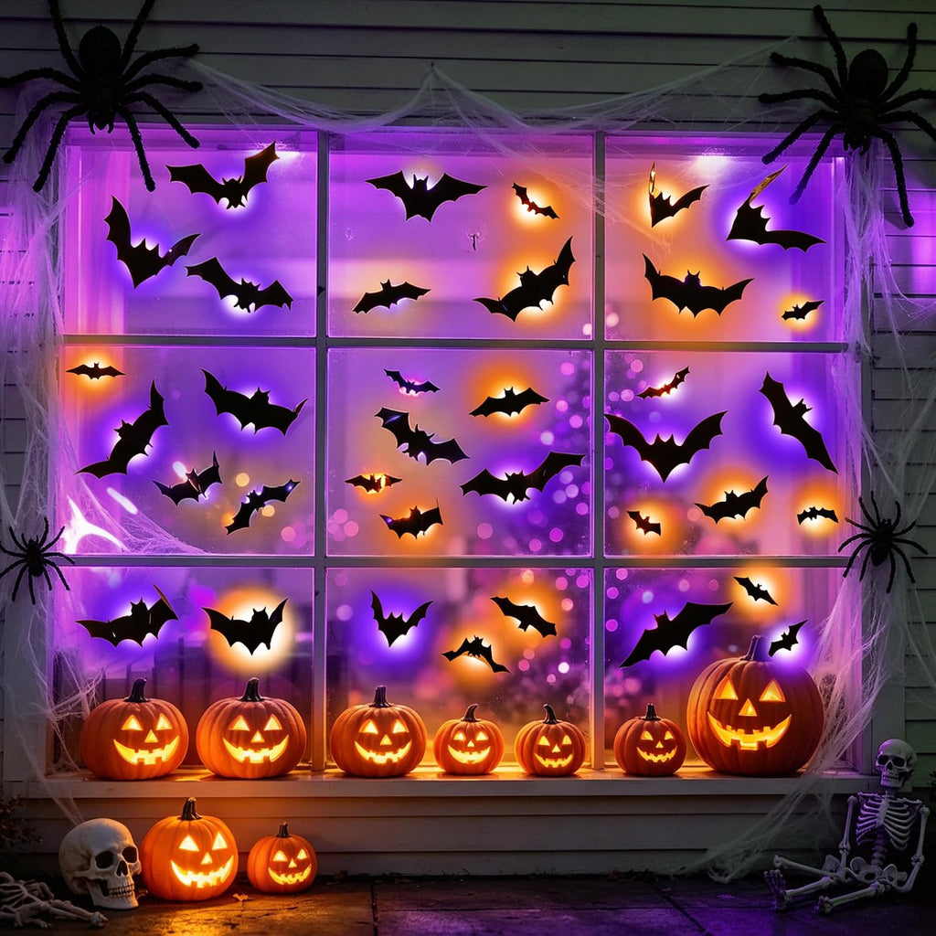 TW SHINE 40 PCS Halloween Bats Wall Stickers Decor, Removable PVC Lighted 3D Bats Wall Stickers Assorted Size, Halloween Decorations for Indoor Outdoor Home Window Party Supplies