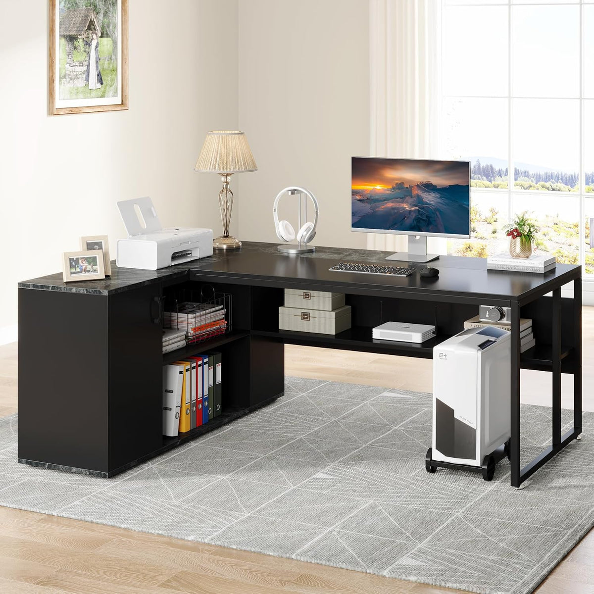 Tribesigns 71 inch Executive Desk, L Shaped Desk with Cabinet Storage, Executive Office Desk with Shelves, Business Furniture Set Workstation for Home Office, Black