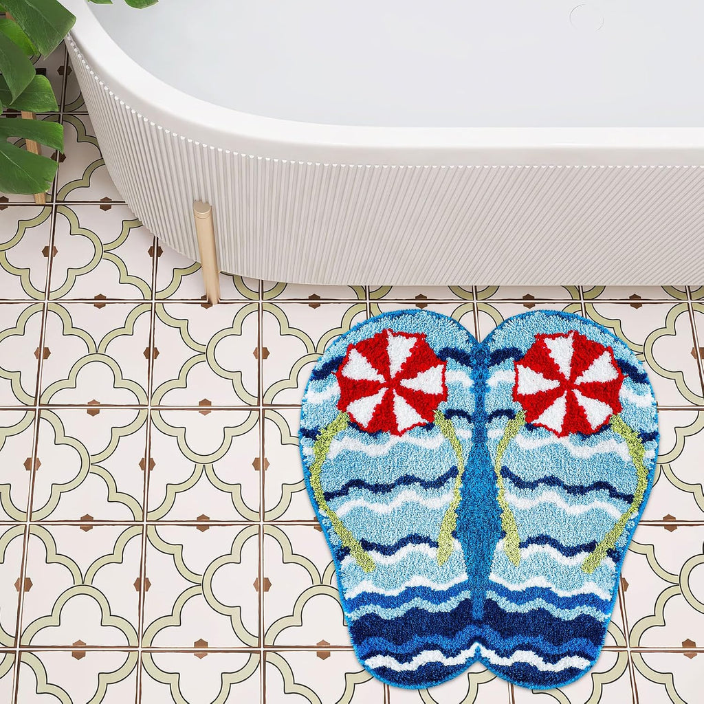 FYSUIMU Summer Bath Rug Flip Flop Shape Tufted Bath Mat Beach Ocean Wave Non Slip Floor Mat for Home Kitchen Bathroom Bedroom Porch Entryway