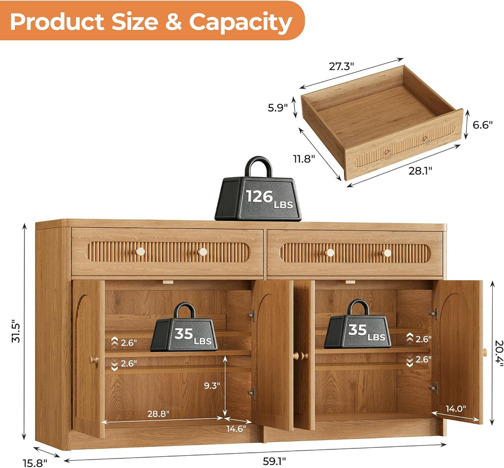 59" W Arched and Fluted Sideboard Buffet Cabinet with Storage, Oak