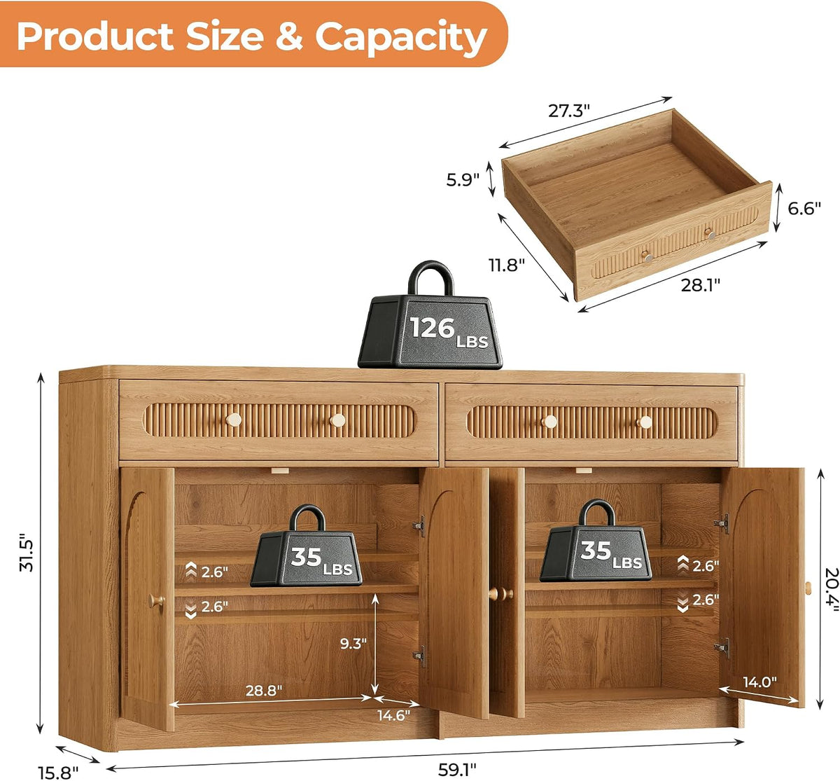 59" W Arched and Fluted Sideboard Buffet Cabinet with Storage, Oak
