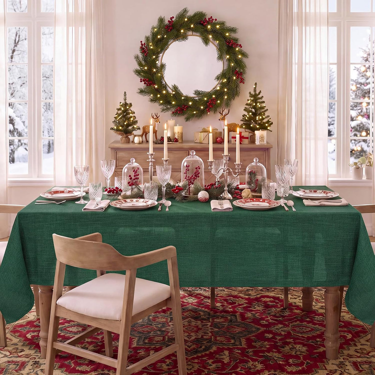 NOVILYS Green Christmas Rectangle Tablecloth with Linen Textured