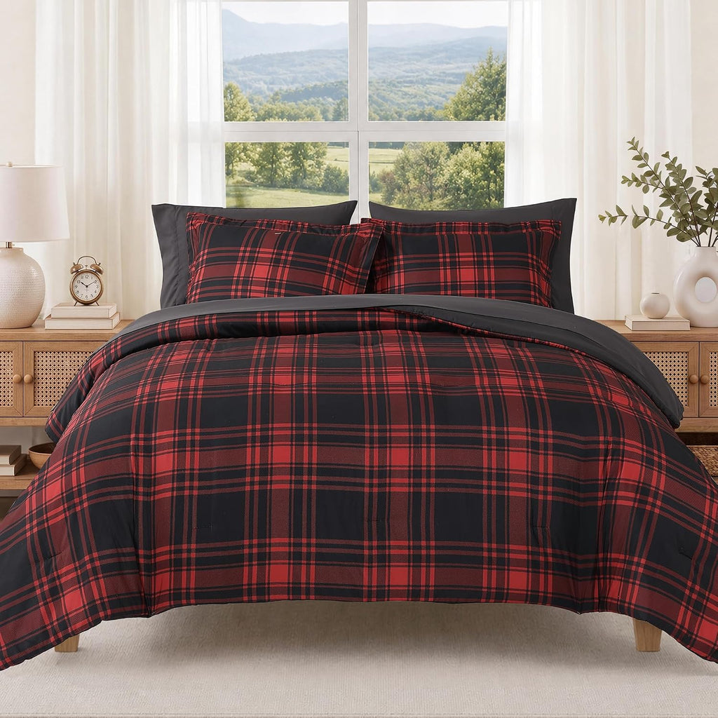 MaiRêve Plaid Queen Comforter Set Red Black 7 Pieces Bed in a Bag