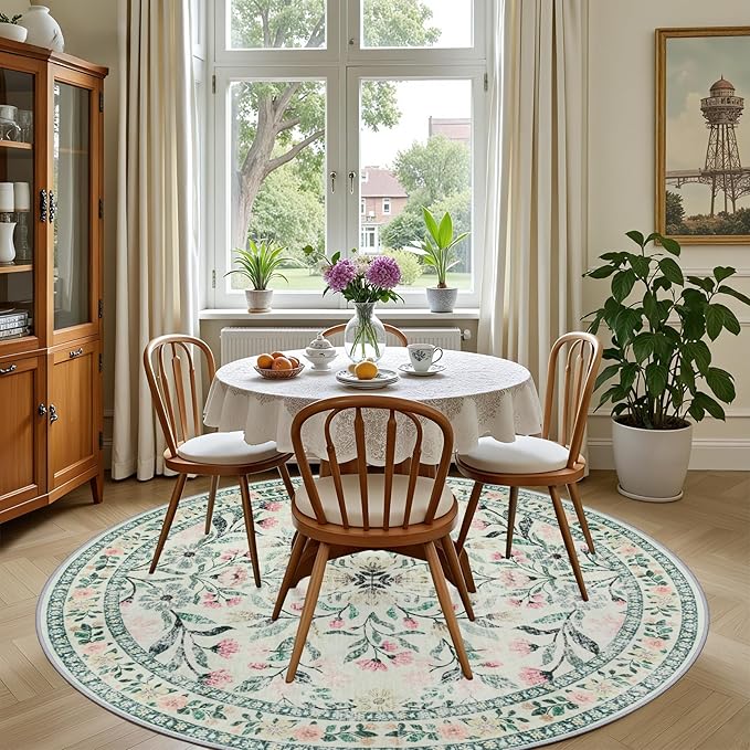 Round Area Rug for Living Room: 6 ft Floral Washable Circle Rug Soft Non-Slip - Image 4