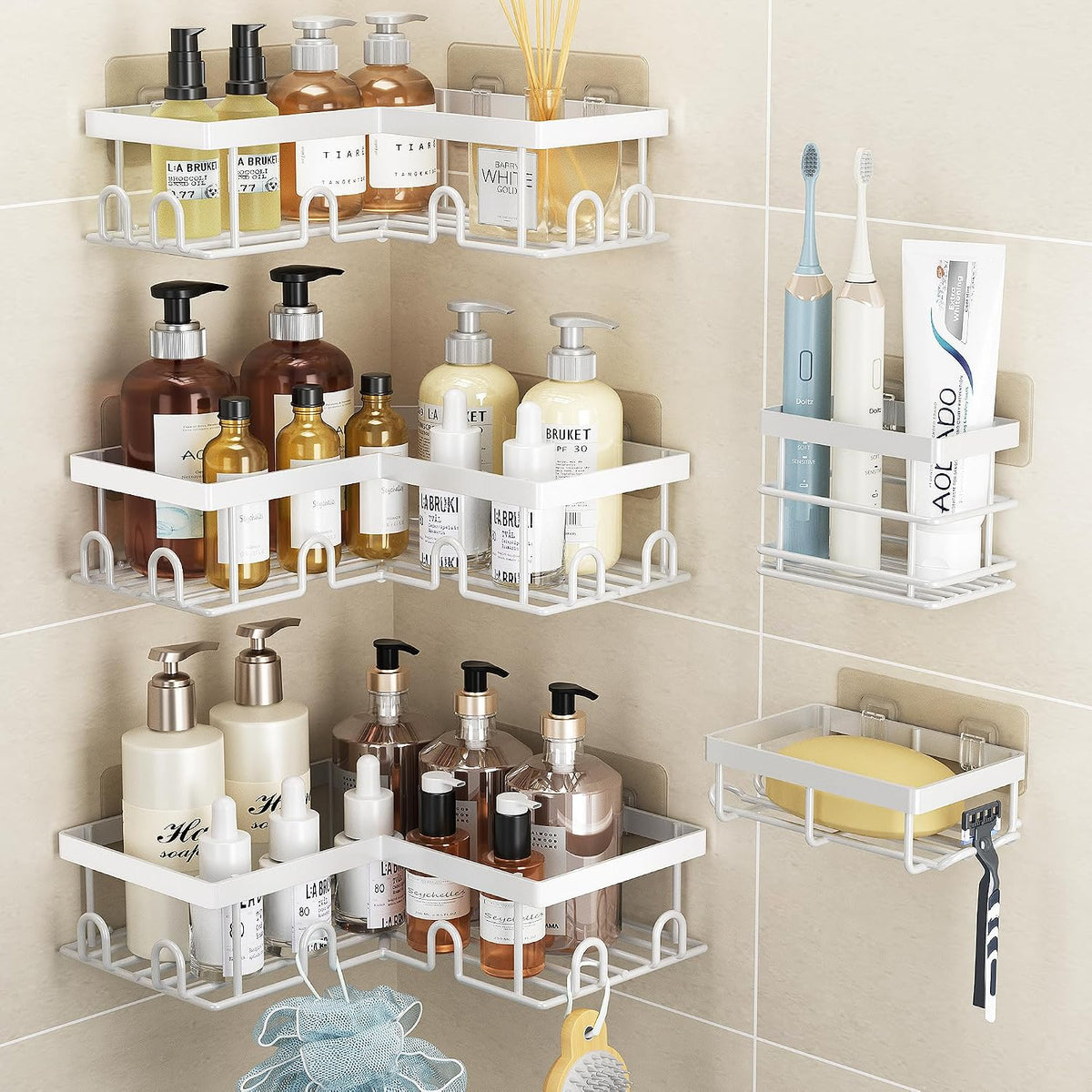 Corner Shower Caddy 5 Pack Adhesive Stainless Steel Organizer White