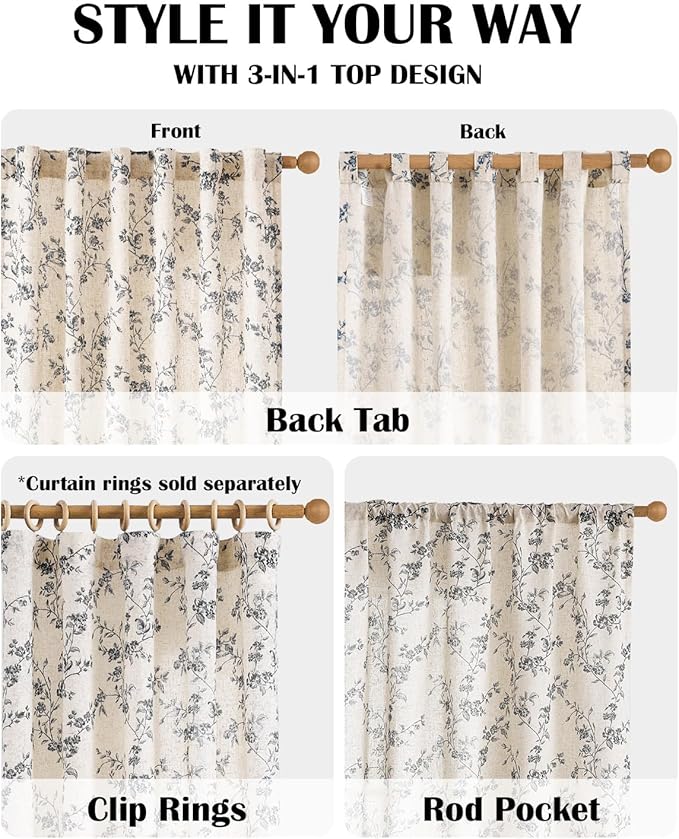 Lazzzy Farmhouse Linen Curtains Black Floral Curtains 90 Inch Length Back Tab - Image 6