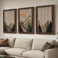Large Framed Cutout Boho Mountain Wood Wall Art for Living Room, 3 Piece