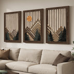 Large Framed Cutout Boho Mountain Wood Wall Art for Living Room, 3 Piece