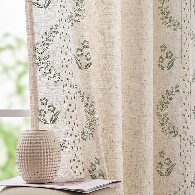 jinchan Belrose Linen Curtains for Bedroom Floral Curtains 72 Inch Length Linen by JINCHAN