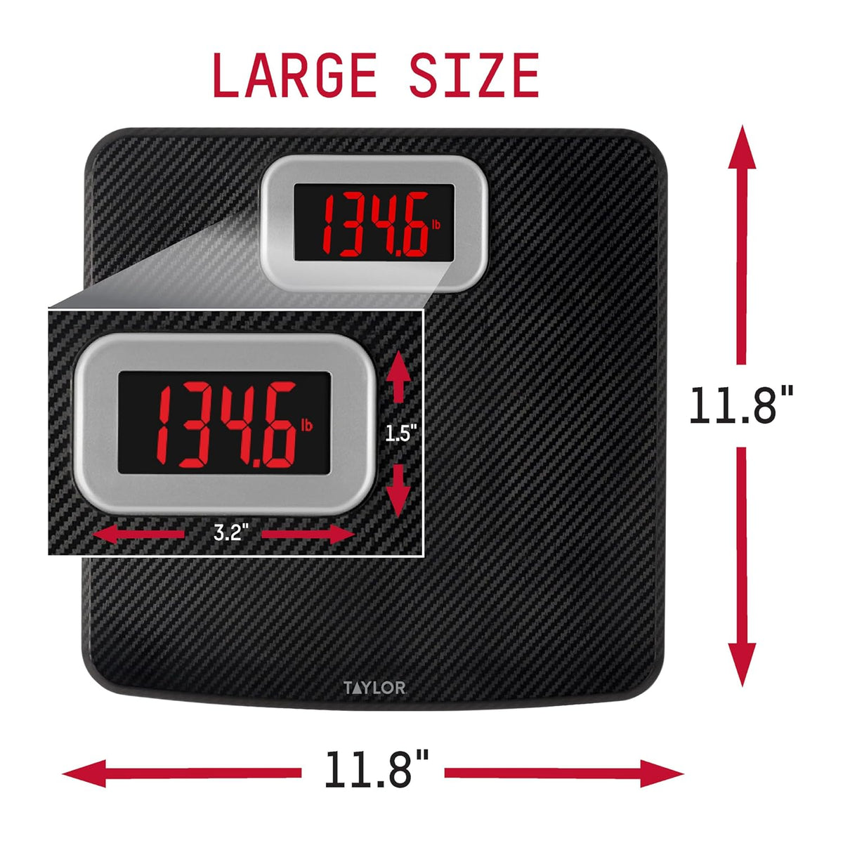 Taylor Digital Bathroom Scale, 440 lb Cap, Red LED, Anti-Slip, Black