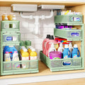 Under Sink Organizer, 3-Tier Thickened Metal Pull out Cabinet Organizer Shelf, Height Adjustable Slide out Storage Drawer Rack for Kitchen Bathroom Pantry Laundry Home Organization, 2-Pack, Green