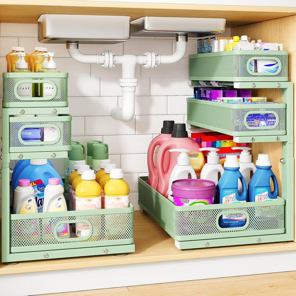 Under Sink Organizer, 3-Tier Thickened Metal Pull out Cabinet Organizer Shelf, Height Adjustable Slide out Storage Drawer Rack for Kitchen Bathroom Pantry Laundry Home Organization, 2-Pack, Green