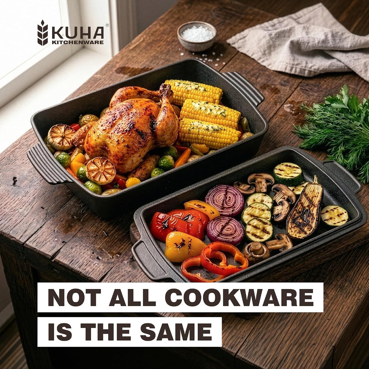KUHA Square Cast Iron Dutch Oven, Skillet Lid and Casserole Dish, 3.75 QT