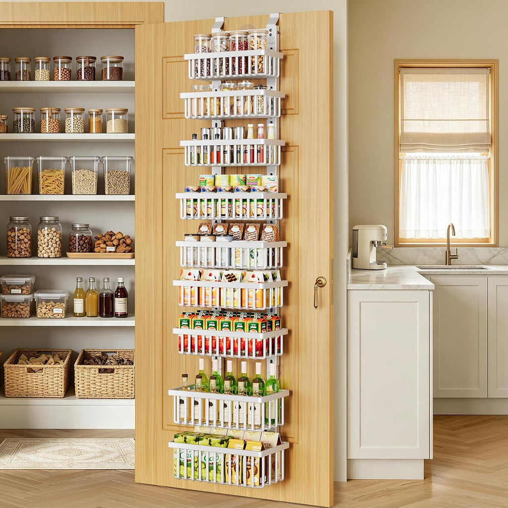 9 Tier Narrow Over The Door Pantry Organizer, 2 in 1 Wall Mount or Hanging Spice Rack with Adjustable Deep Basket, Heavy-Duty Seasoning Organizer and Storage for Kitchen Closet Bathroom (White)