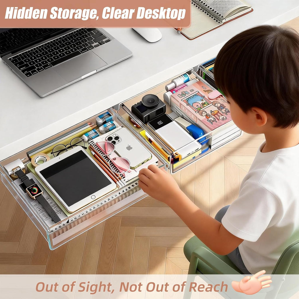 3 Pack Under Desk Drawer Slide Out Storage Organizer, Clear White 3 Sizes (S/M/L), Dual-Mount Hidden Table Tray for Tablets, Planners & Office Supplies