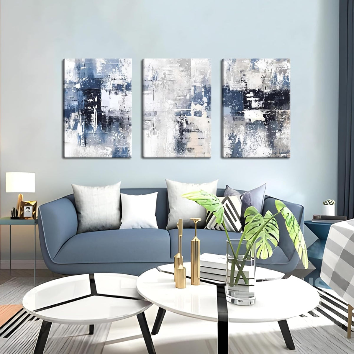 Abstract Blue and White Wall Art Set of 3, Modern Simple Navy Framed Canvas Prints Poster, Gray Painting Picture for Living Room, Bedroom, Office Wall Decor 12x16 Inch
