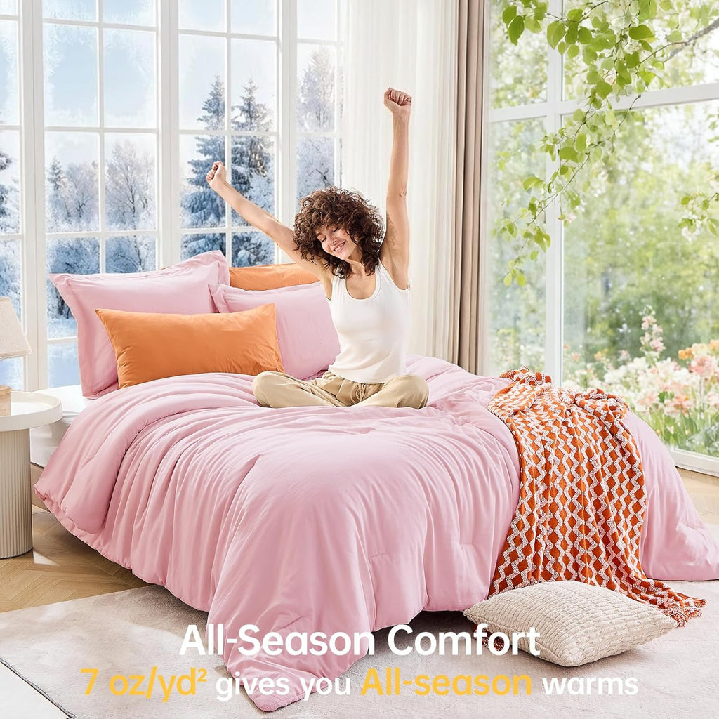 MUXHOMO Queen Comforter Set, 3-Piece All-Season Bedding, Pink