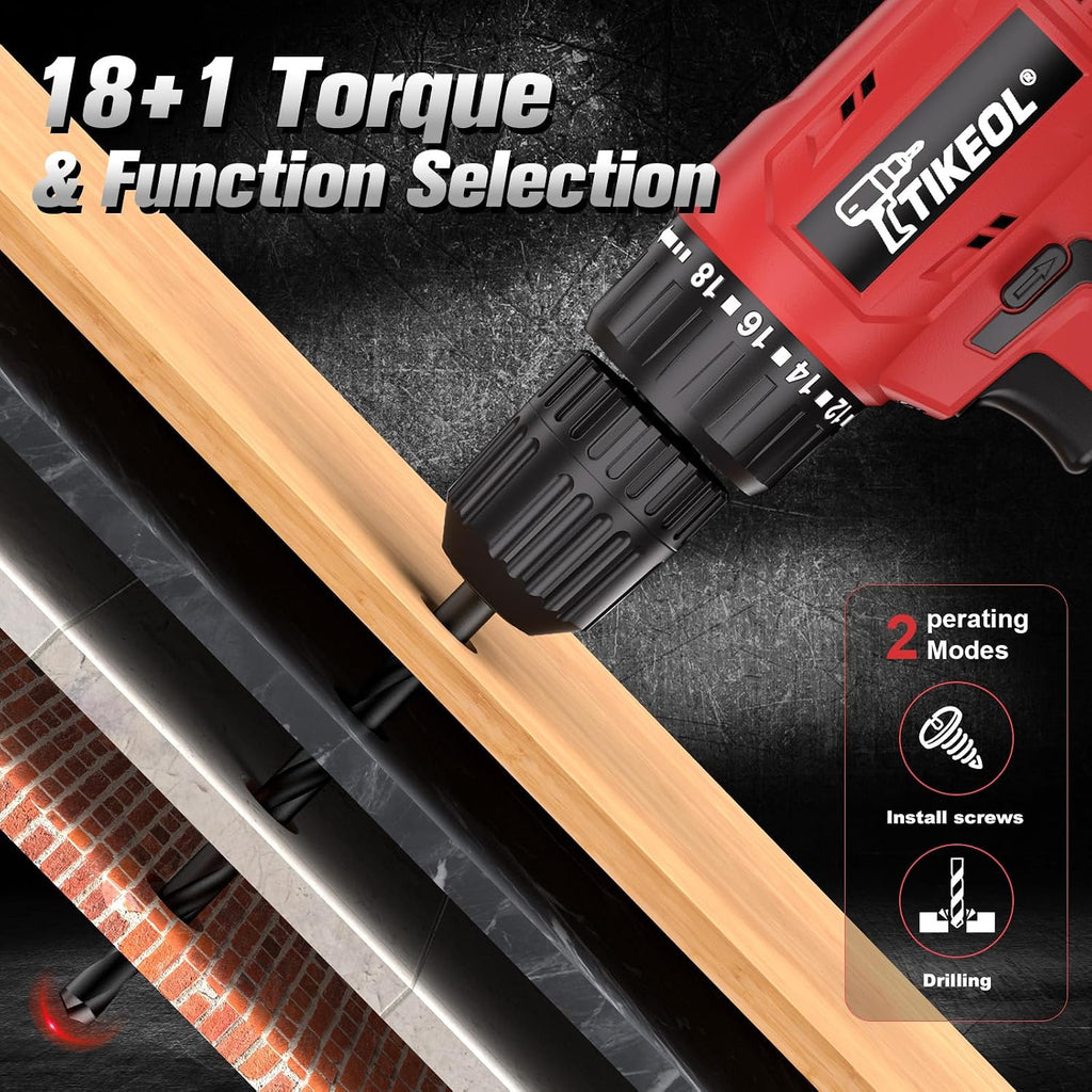 12V Cordless Drill Set with Battery & Charger, Electric Power Drill with Pure Copper Motor, 180 In-lbs Torque, 18+1 Clutch, 3/8" Keyless Chuck, LED Light, Drill Kit for Home Repair, DIY(RED)