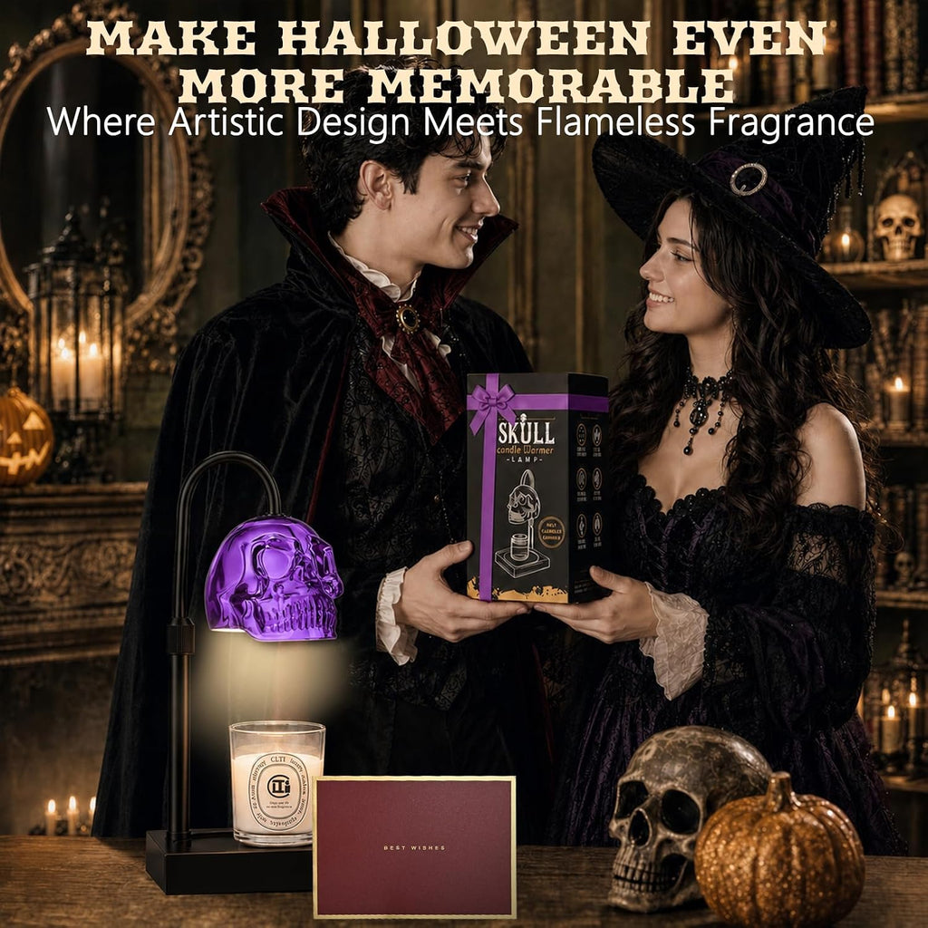Skull Candle Warmer Lamp with Timer & Dimmer, Gothic Skull Wax Warmer Lamp for Jar Candles, Adjustable Height Skeleton Candle Light Warmer with 2 Bulbs, Spooky Goth Home Decor Gifts (Purple, 1pack)