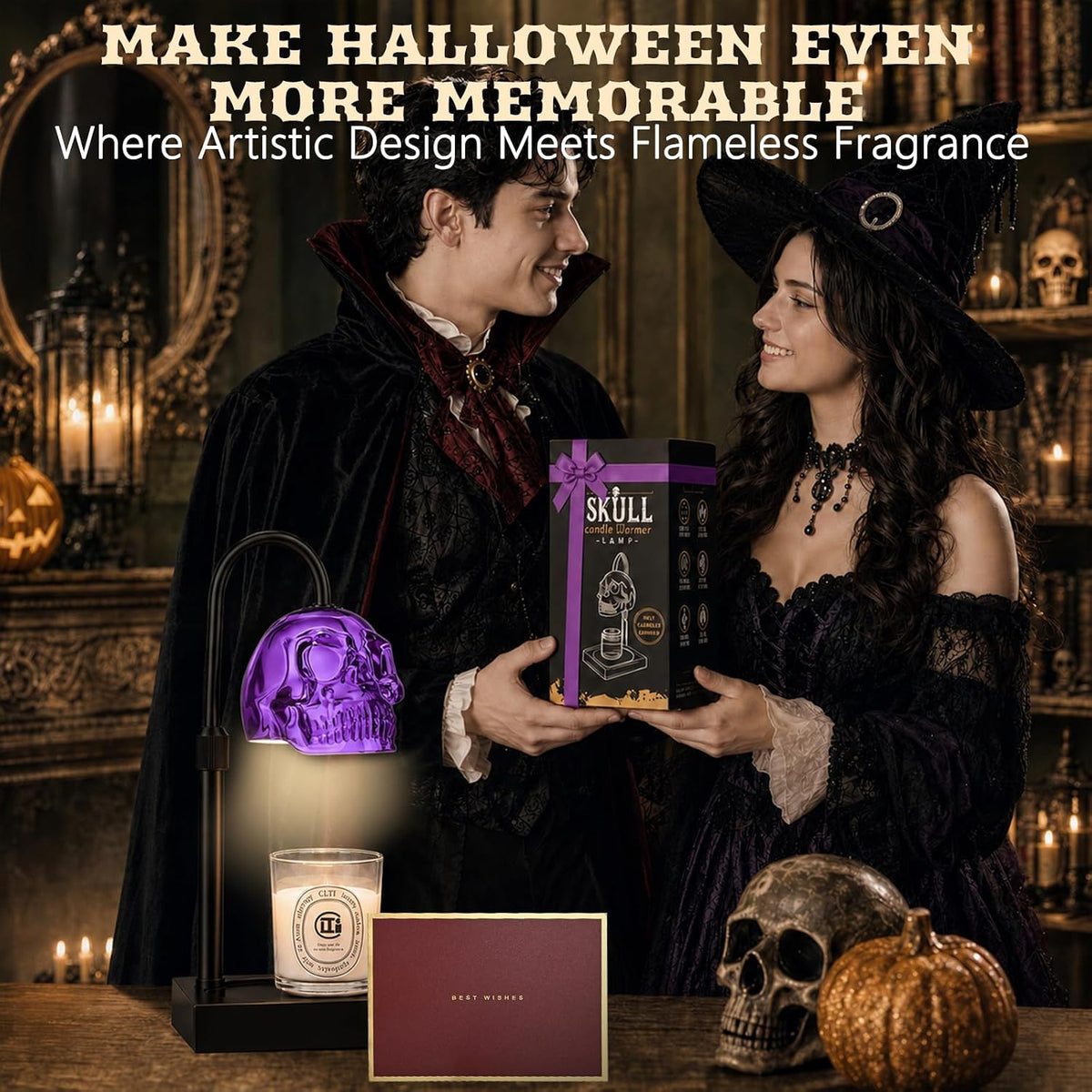 Skull Candle Warmer Lamp with Timer & Dimmer, Gothic Skull Wax Warmer Lamp for Jar Candles, Adjustable Height Skeleton Candle Light Warmer with 2 Bulbs, Spooky Goth Home Decor Gifts (Purple, 1pack)